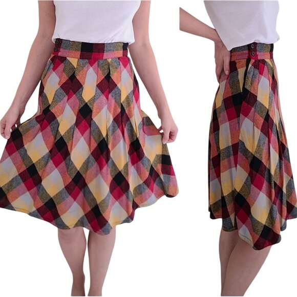 60/70s Autumn A-Line Vintage Plaid Check Side-Button Pleated Skirt XS 24" waist - Picture 2 of 11